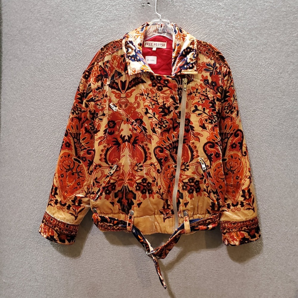 Free People Women Jacket XS Orange Bailey Velour Moto Biker Full Zip Belted Hem